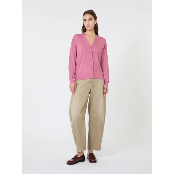 Max Mara Torre Wool, Silk and Cashmere V-Neck Cardigan in Raspberry | Cardigan | Coveti