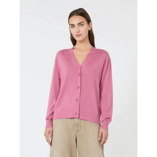 Max Mara Torre Wool, Silk and Cashmere V-Neck Cardigan in Raspberry | Cardigan | Coveti