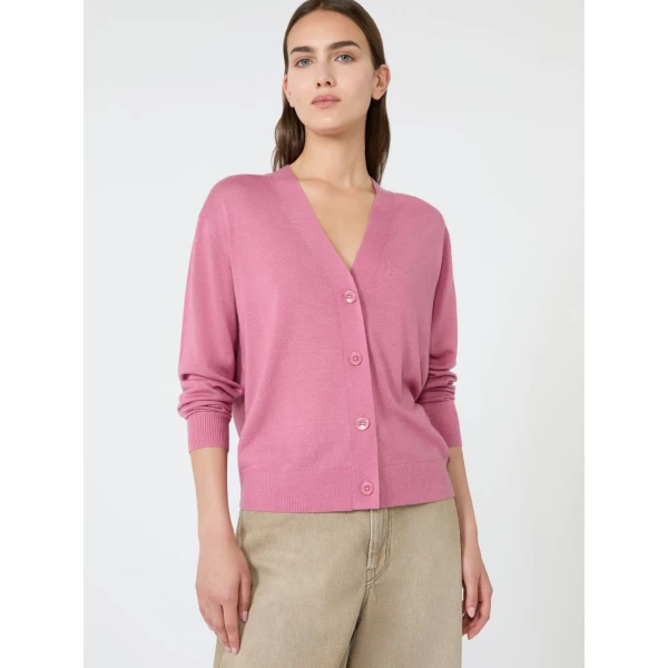 Max Mara Torre Wool, Silk and Cashmere V-Neck Cardigan in Raspberry | Cardigan | Coveti