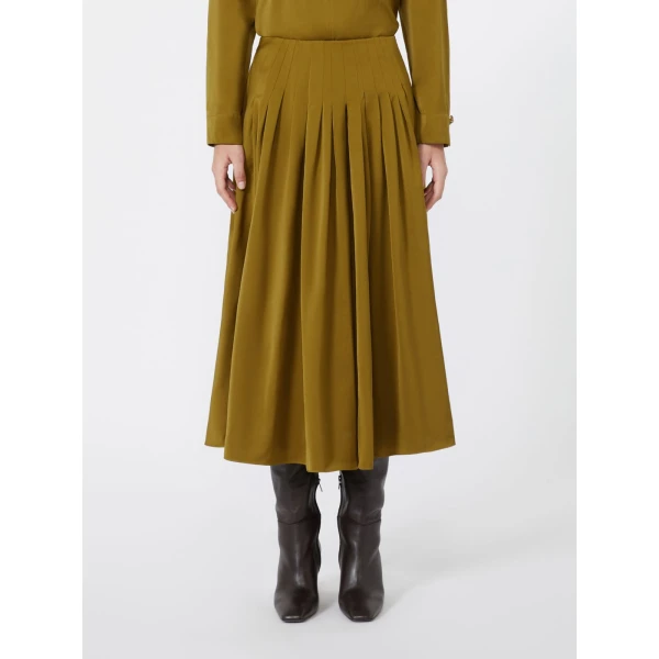 Max Mara Valle Cotton-Blend Satin Flared Skirt in Mustard | Midi Skirts | Coveti