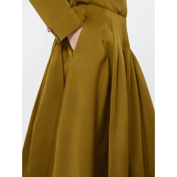 Max Mara Valle Cotton-Blend Satin Flared Skirt in Mustard | Midi Skirts | Coveti