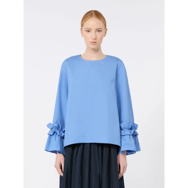 Max Mara Valzer Cotton Poplin Ruffle Blouse in Light Blue | Blouse | Coveti