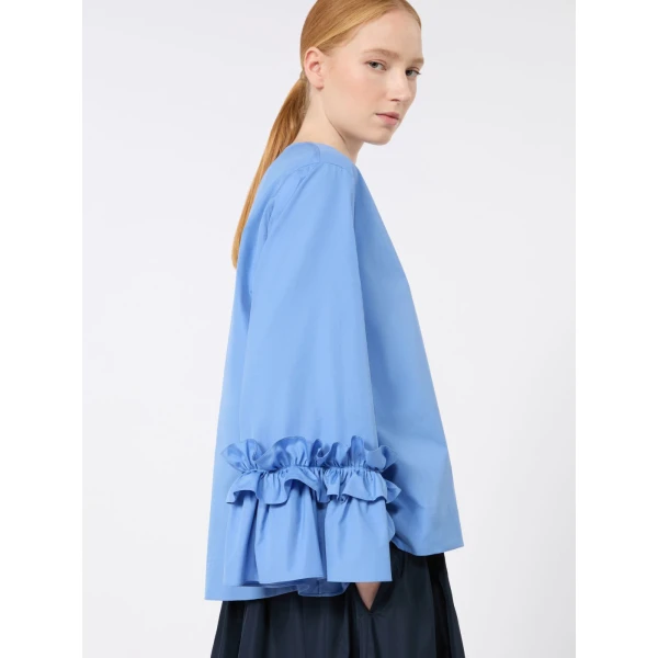 Max Mara Valzer Cotton Poplin Ruffle Blouse in Light Blue | Blouse | Coveti