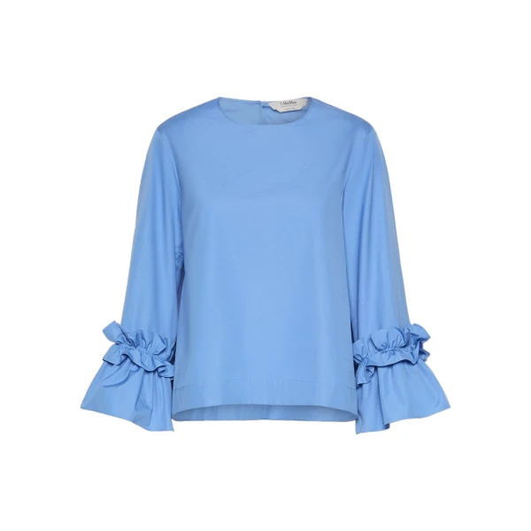 Max Mara Valzer Cotton Poplin Ruffle Blouse in Light Blue | Blouse | Coveti