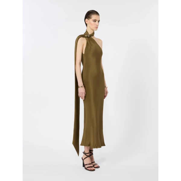 Max Mara Vasto Silk Crepe de Chine One-Shoulder Dress in Mud | Midi Dresses | Coveti