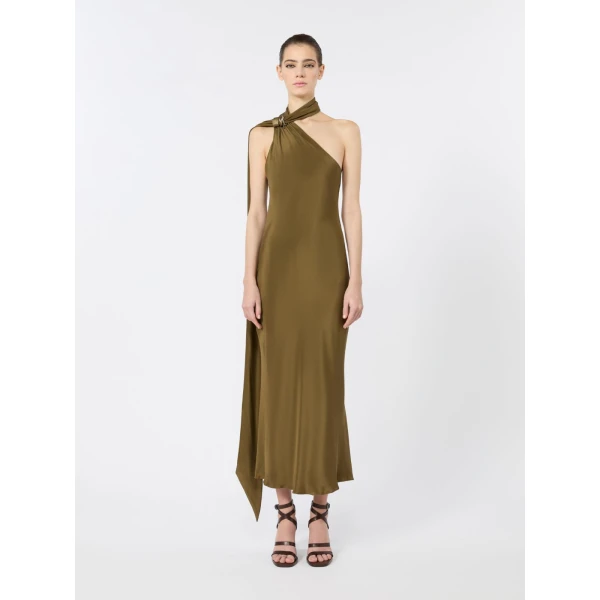 Max Mara Vasto Silk Crepe de Chine One-Shoulder Dress in Mud | Midi Dresses | Coveti