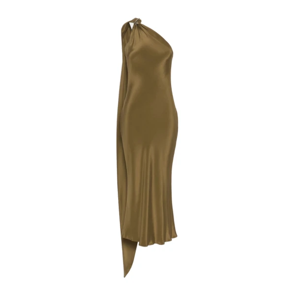 Max Mara Vasto Silk Crepe de Chine One-Shoulder Dress in Mud | Midi Dresses | Coveti