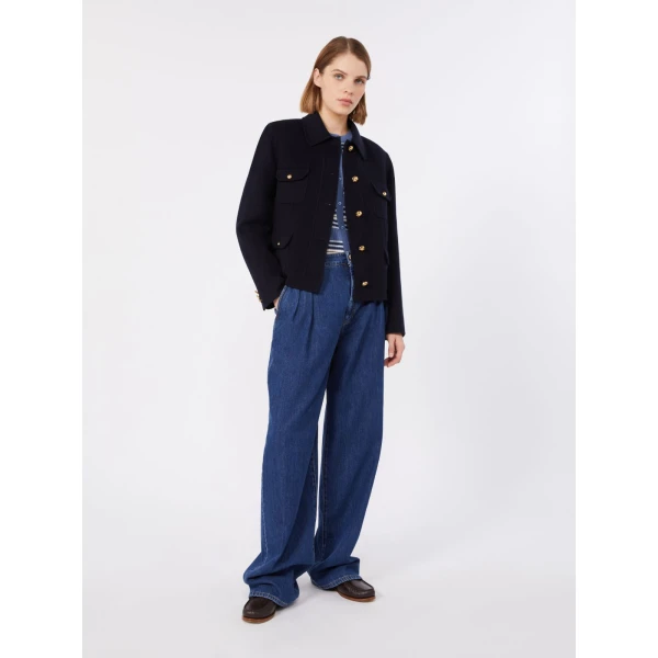 Max Mara Venere Wool, Cashmere and Silk Varsity Jacket in Navy | Blazers | Coveti