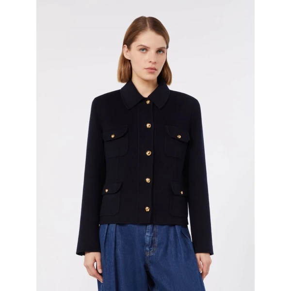Max Mara Venere Wool, Cashmere and Silk Varsity Jacket in Navy | Blazers | Coveti