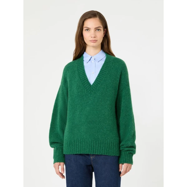 Max Mara Visita Alpaca and Cotton V-Neck Jumper in Dark Green | Sweaters | Coveti