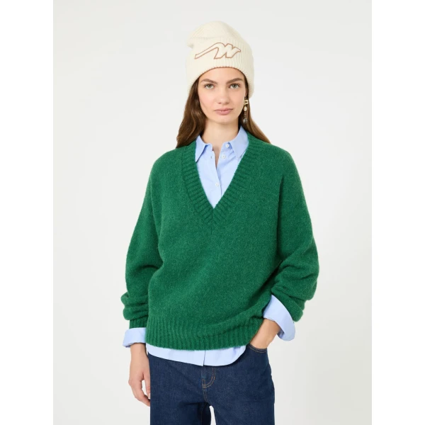 Max Mara Visita Alpaca and Cotton V-Neck Jumper in Dark Green | Sweaters | Coveti