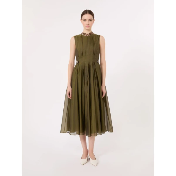 Max Mara Wally Organza Fit-and-Flare Dress in Khaki | Midi Dresses | Coveti