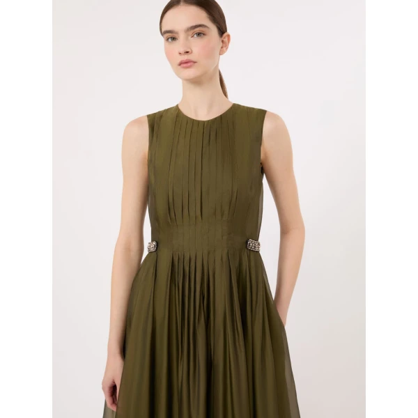 Max Mara Wally Organza Fit-and-Flare Dress in Khaki | Midi Dresses | Coveti