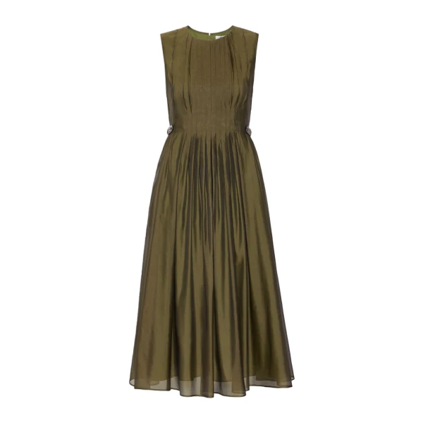 Max Mara Wally Organza Fit-and-Flare Dress in Khaki | Midi Dresses | Coveti