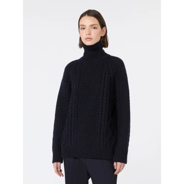 Max Mara Wool Aran Turtleneck Jumper in Navy | Turtlenecks | Coveti