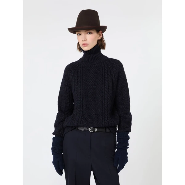 Max Mara Wool Aran Turtleneck Jumper in Navy | Turtlenecks | Coveti