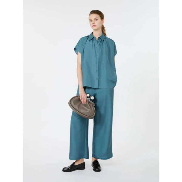 Max Mara Zaino Cropped Silk Wide Leg Trousers in Light Blue | Wide leg pants | Coveti