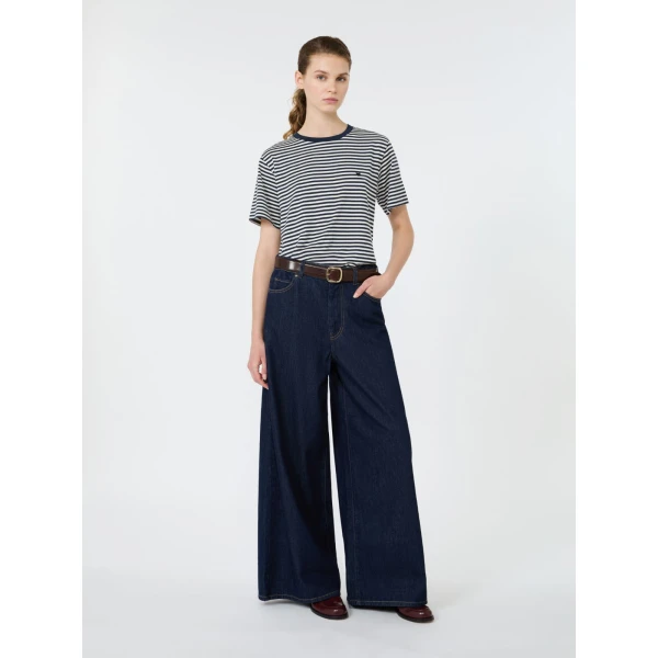 Max Mara Zattera Long Wide-Leg Cotton Denim Jeans in Navy | Denim | Coveti