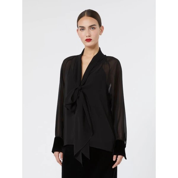Max Mara Zattera Silk Georgette Pussy-Bow Blouse in Black | Blouse | Coveti