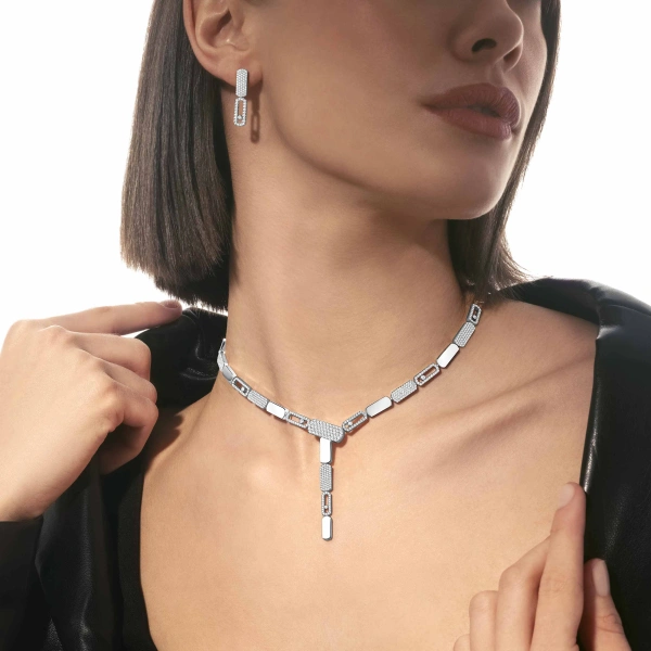 Messika Imperial Move Half Pave Earrings in 18K White Gold, Small Model | Fine Earrings | Coveti