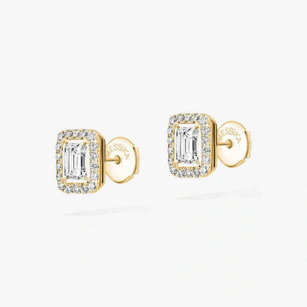 Messika Joy Emerald-Cut Diamond Earrings in 18K Yellow Gold, Small | Fine Earrings | Coveti