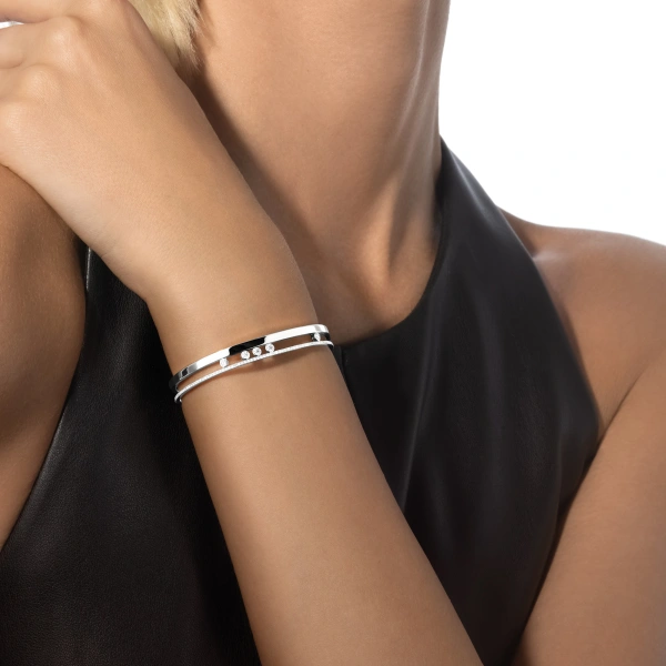 Messika Move Romane Half Pave Bracelet in 18K White Gold, Small Model | Fine Bracelets | Coveti