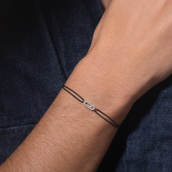 Messika Move Uno Black Cord Bracelet in 18K White Gold | Fine Bracelets | Coveti