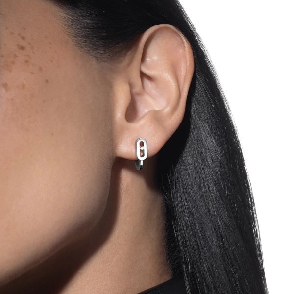 Messika Move Uno Mini Hoop Earrings in 18K White Gold | Fine Earrings | Coveti