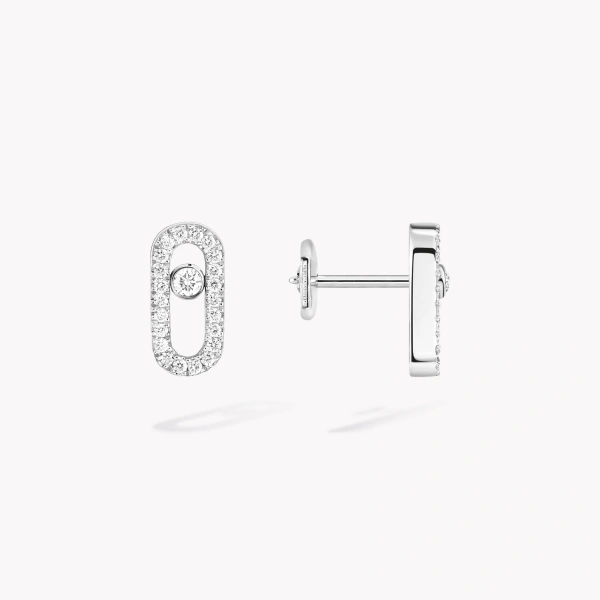 Messika Move Uno Pave Stud Earrings in 18K White Gold | Fine Earrings | Coveti