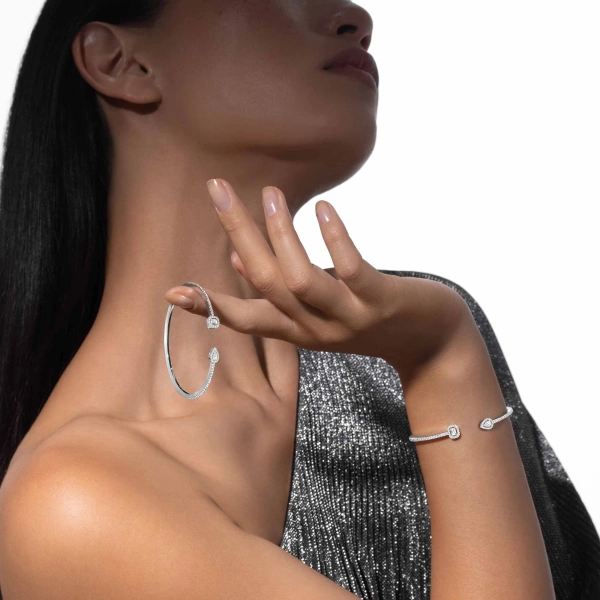 Messika My Twin Pave Bangle in 18K White Gold, Small Model | Fine Bracelets | Coveti