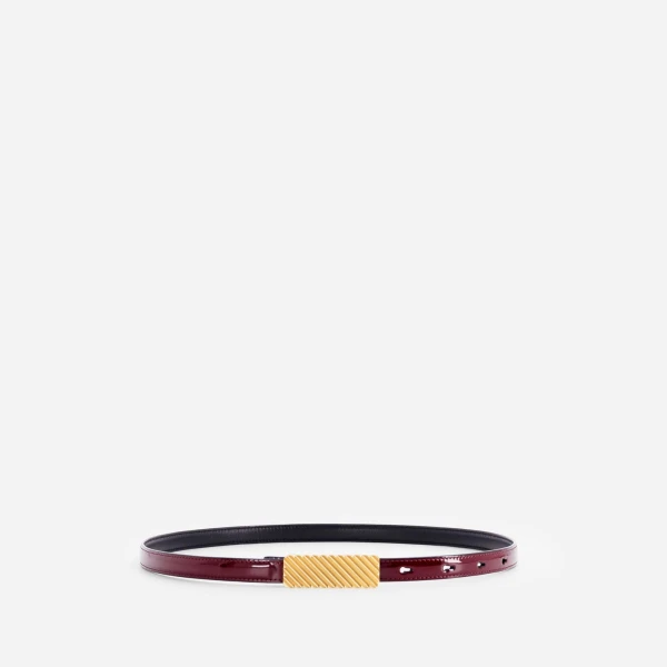 Mlouye Isla Belt in Patent Bordeaux with Gold Buckle | Belts | Coveti