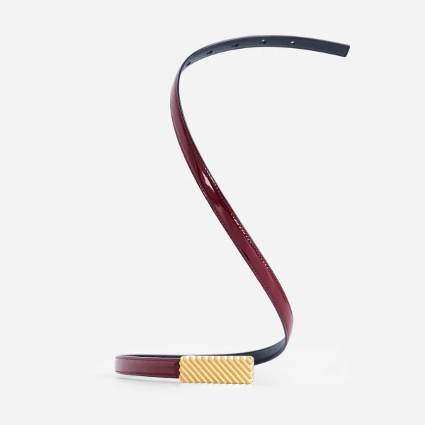 Mlouye Isla Belt in Patent Bordeaux with Gold Buckle | Belts | Coveti