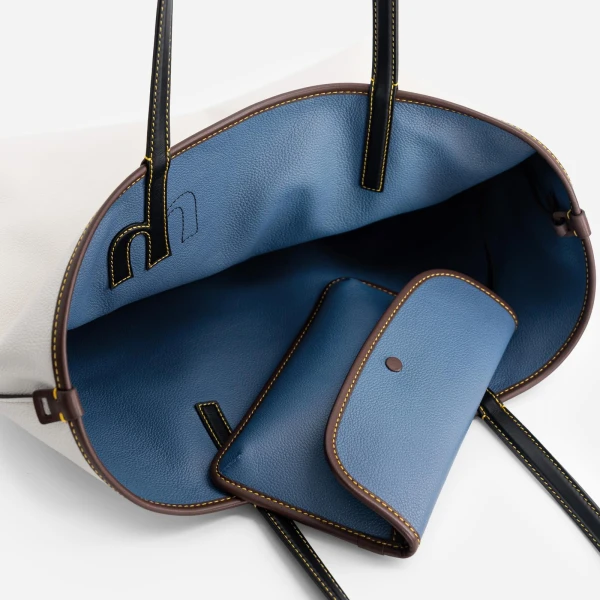 Mlouye M Tote in Denim and Off White | Totes & Top-Handle Bags | Coveti
