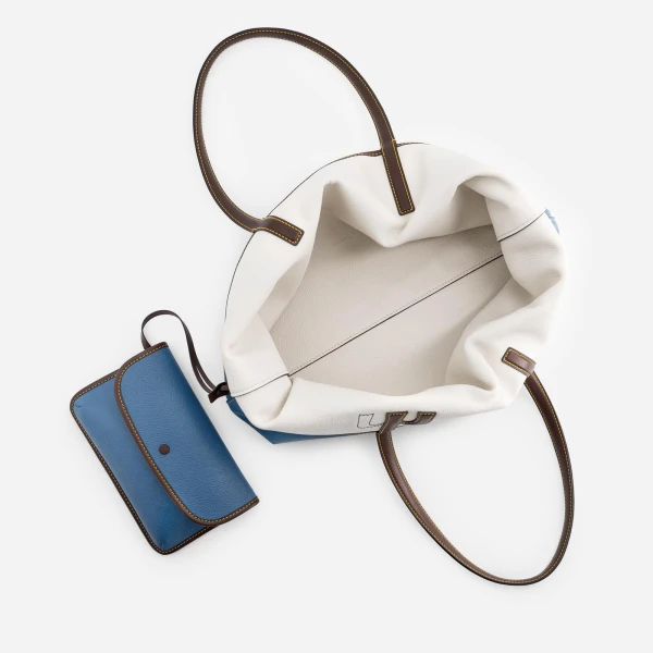Mlouye M Tote in Denim and Off White | Totes & Top-Handle Bags | Coveti