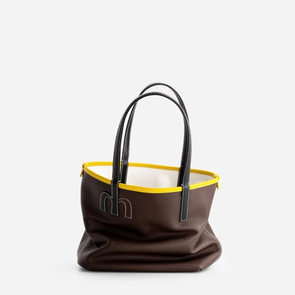 Mlouye Mini M Tote in Espresso and White | Mini Bags | Coveti
