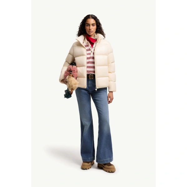 Moncler Abbadia Short Down Jacket in Off White, view 2 | Women's Puffer Jackets | Coveti