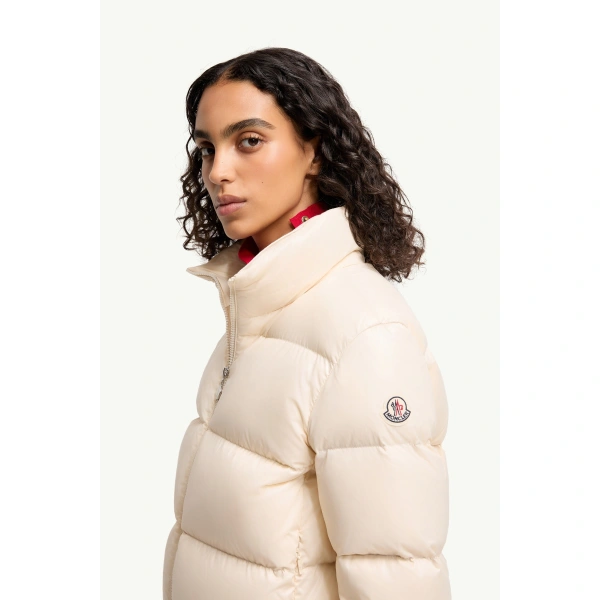 Moncler Abbadia Short Down Jacket in Off White, view 3 | Women's Puffer Jackets | Coveti