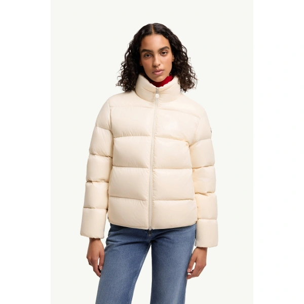 Moncler Abbadia Short Down Jacket in Off White, view 4 | Women's Puffer Jackets | Coveti