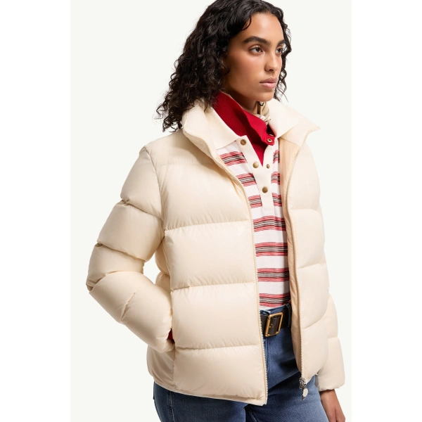 Moncler Abbadia Short Down Jacket in Off White, view 6 | Women's Puffer Jackets | Coveti
