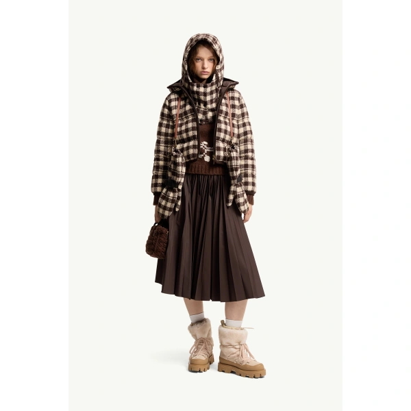 Moncler Abstraction Hooded Wool Blend Short Down Jacket in Brown & White, view 2 | Women's Puffer Jackets | Coveti