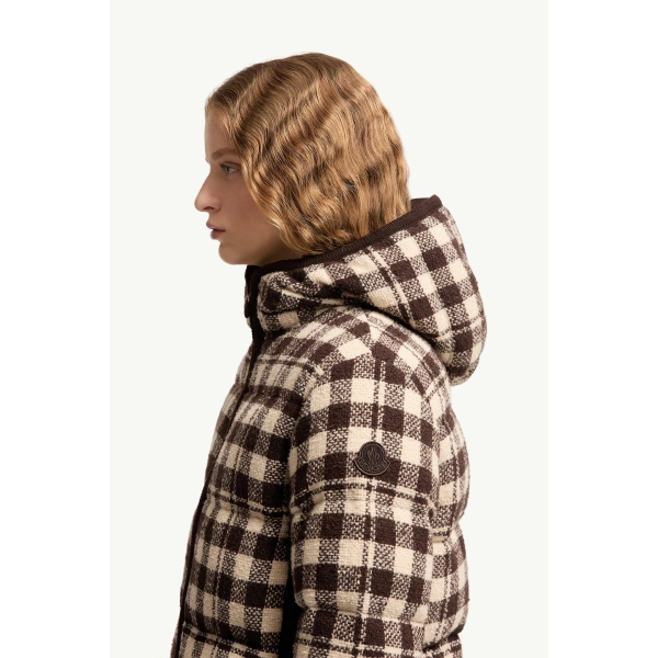 Moncler Abstraction Hooded Wool Blend Short Down Jacket in Brown & White, view 3 | Women's Puffer Jackets | Coveti