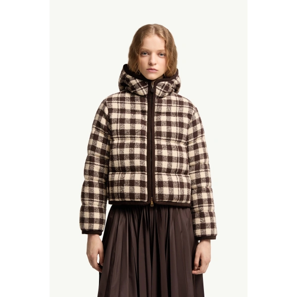 Moncler Abstraction Hooded Wool Blend Short Down Jacket in Brown & White, view 4 | Women's Puffer Jackets | Coveti