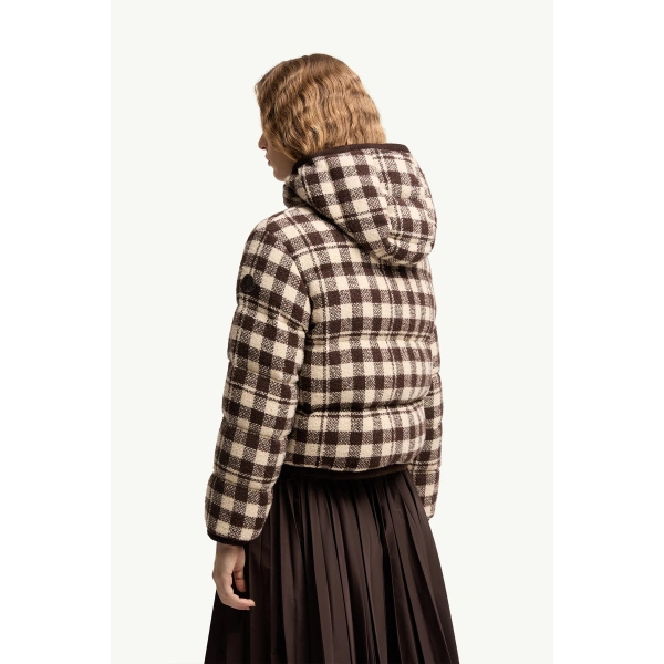 Moncler Abstraction Hooded Wool Blend Short Down Jacket in Brown & White, view 5 | Women's Puffer Jackets | Coveti