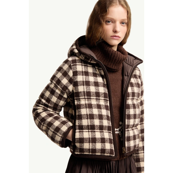 Moncler Abstraction Hooded Wool Blend Short Down Jacket in Brown & White, view 6 | Women's Puffer Jackets | Coveti