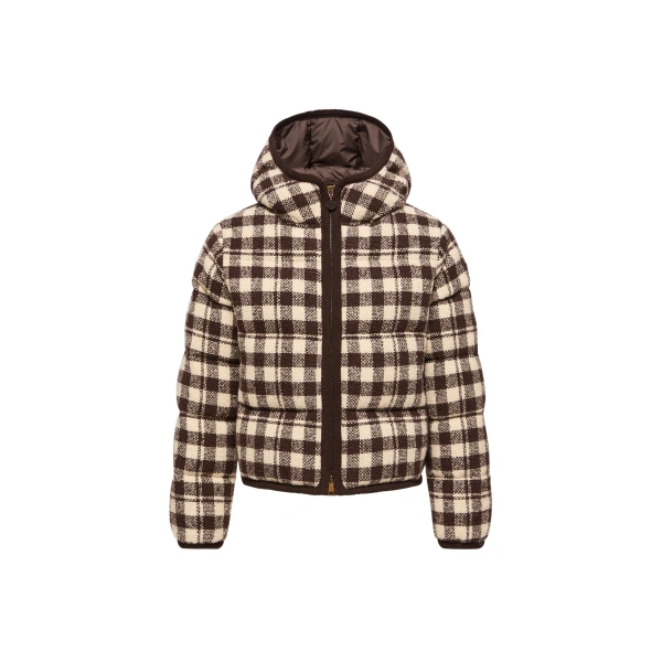 Abstraction Hooded Wool Blend Short Down Jacket in Brown & White