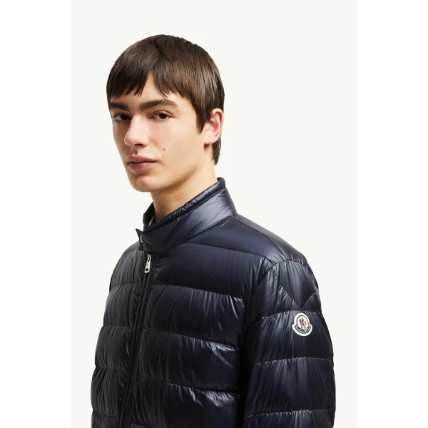 Moncler Acorus Short Down Jacket in Night Blue, view 3 | Men's Jackets | Coveti