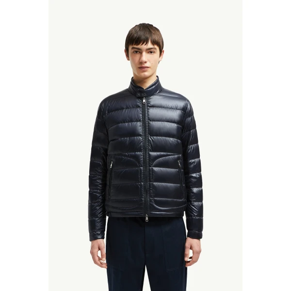Moncler Acorus Short Down Jacket in Night Blue, view 4 | Men's Jackets | Coveti