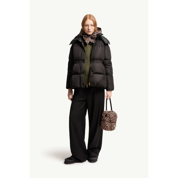 Moncler Agneux Hooded Short Down Jacket in Black, view 2 | Women's Puffer Jackets | Coveti