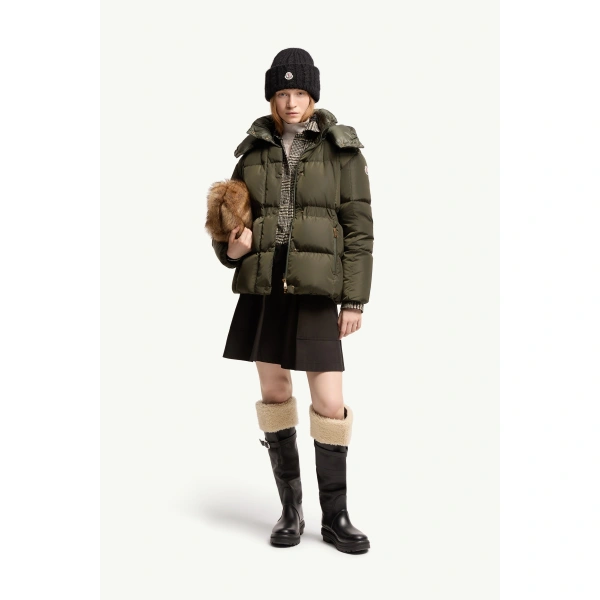 Moncler Agneux Hooded Short Down Jacket in Dark Green, view 2 | Women's Puffer Jackets | Coveti