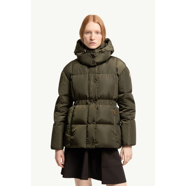 Moncler Agneux Hooded Short Down Jacket in Dark Green, view 4 | Women's Puffer Jackets | Coveti